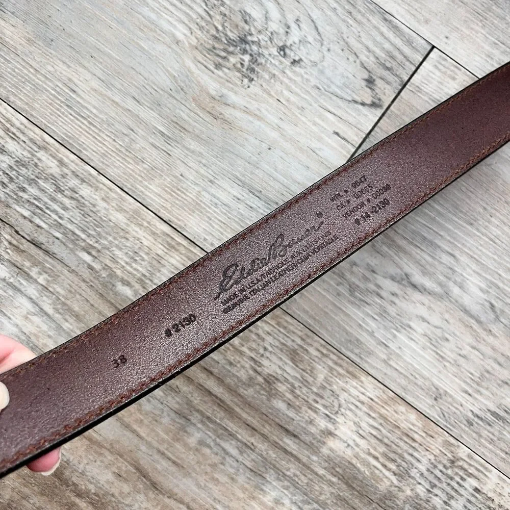 Eddie Bauer Brown Leather Belt Size 38 Brass Buckle Classic Casual Gold Stitch